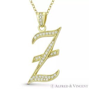 Initial Letter "Z" Cursive Script CZ Crystal Pendant in .925 Sterling Silver YG